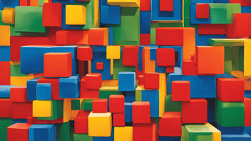 abstract image of stacked squares of primary colors and green